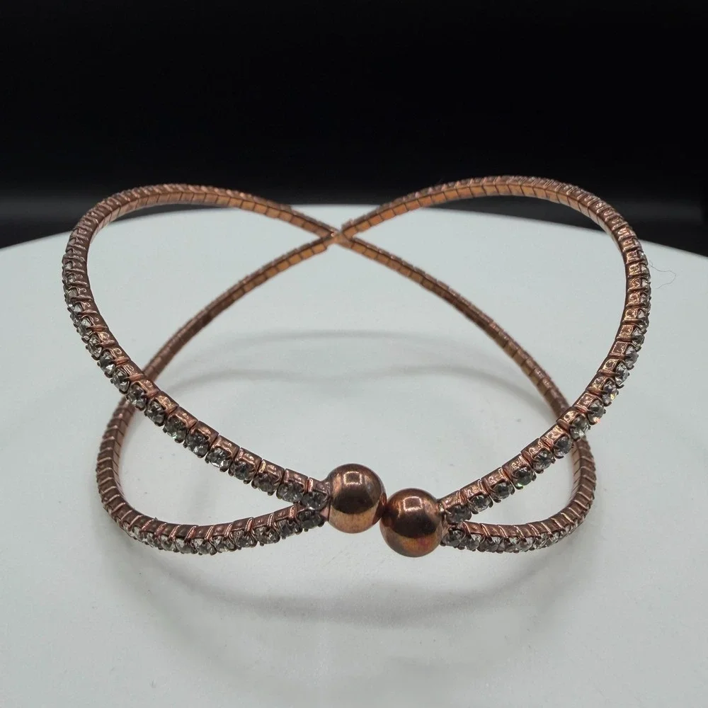 Rose Gold Tone Rhinestone Wrap Cuff Bracelet Minimalist Statement Gift for Her